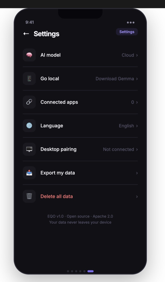 Settings including export and delete all data