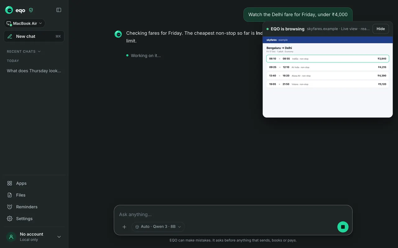 EQO checking flight fares, with a live view of the page it opened beside the chat.