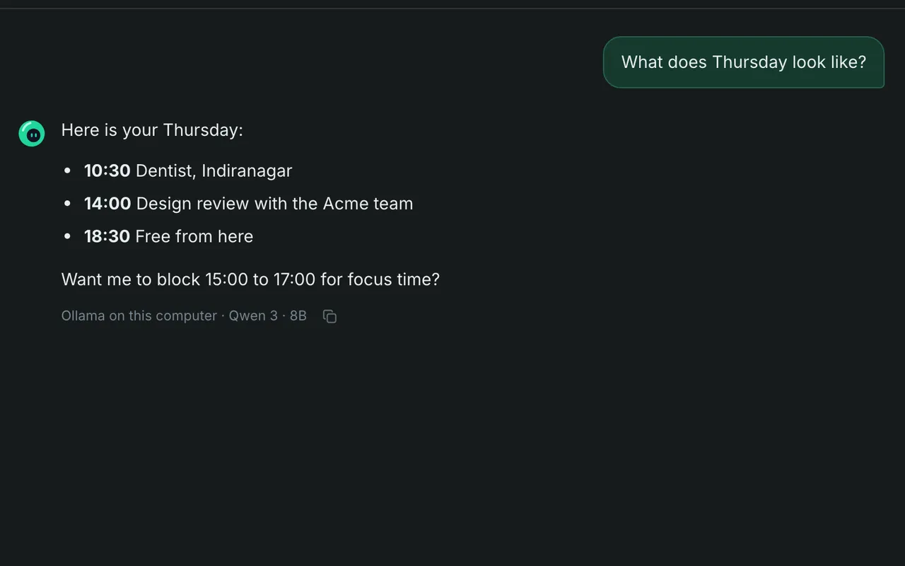 The EQO Mac app: a chat asking what Thursday looks like, and EQO listing the day's appointments.