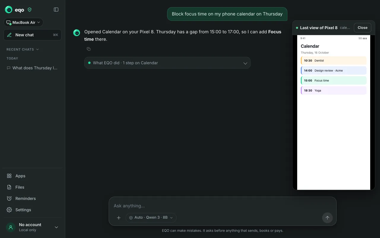 EQO with a live view of an Android phone's calendar, and a list of the step it took.