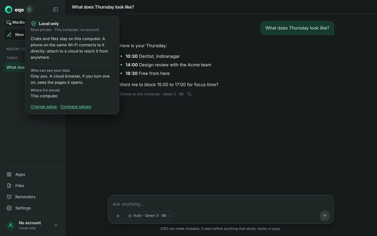 The privacy details for Local only: who can see your data and where it is stored.